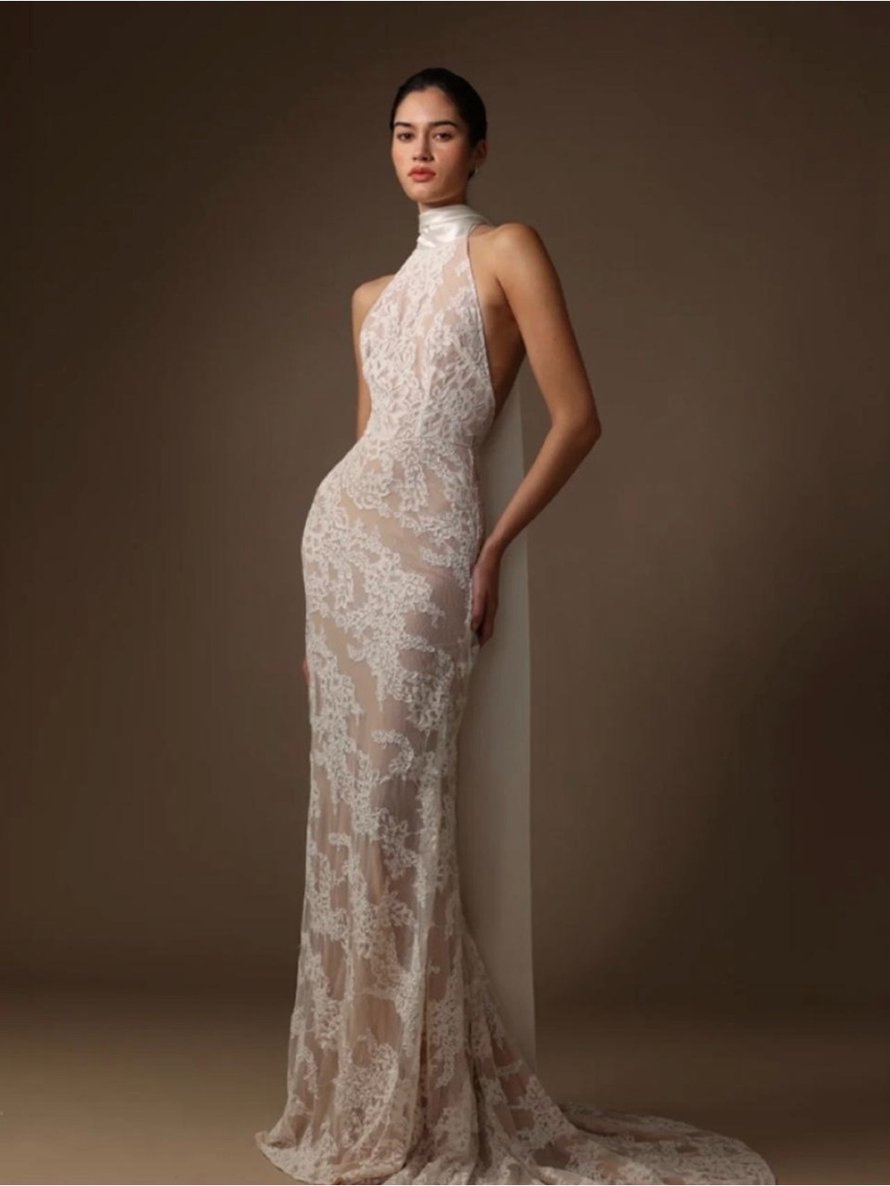 High-Neck White Lace Column Bridal Gown